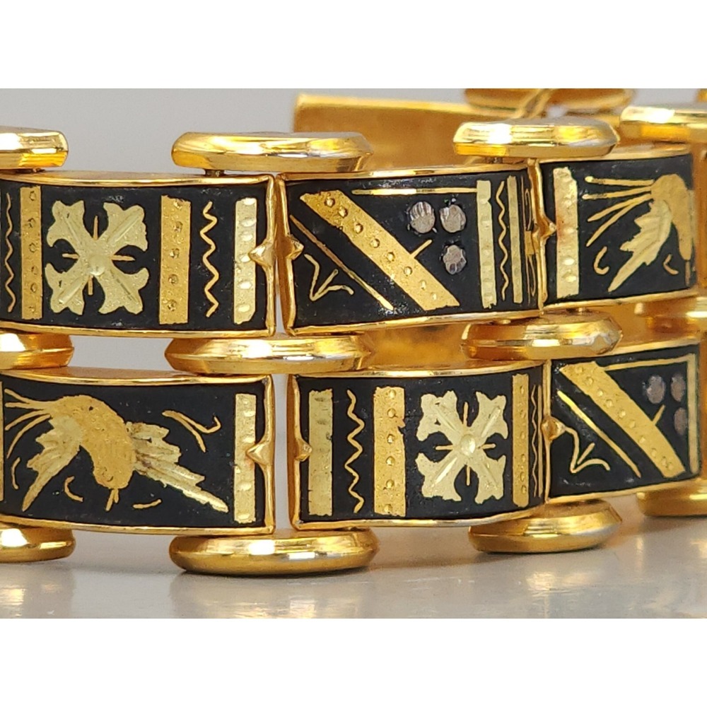1 Inch Wide Damascene Gold Black Panel Link Bracelet Multi Row 6.5" Safety Bird - Picture 6 of 11